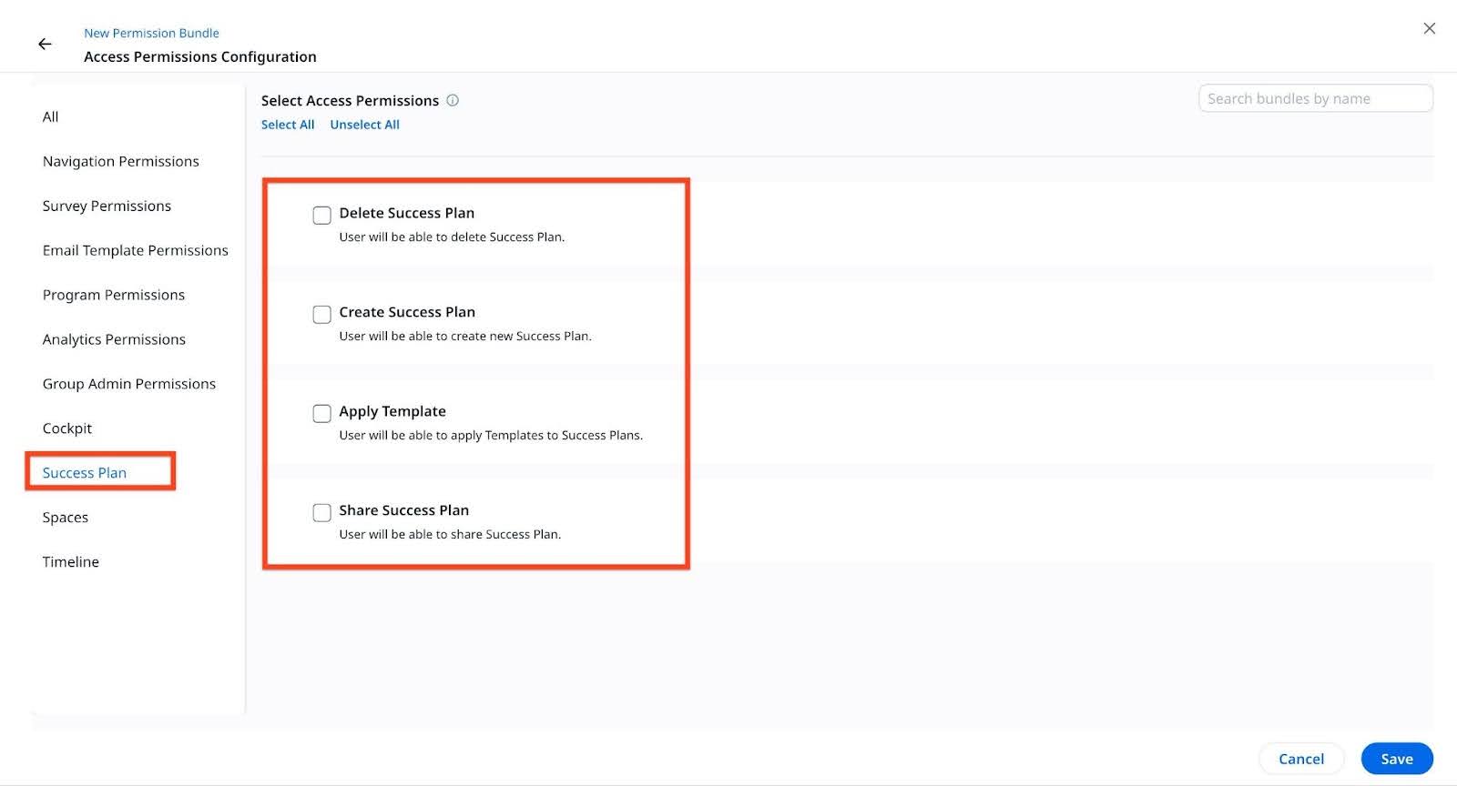 Access permission configuration screen with success plan sections