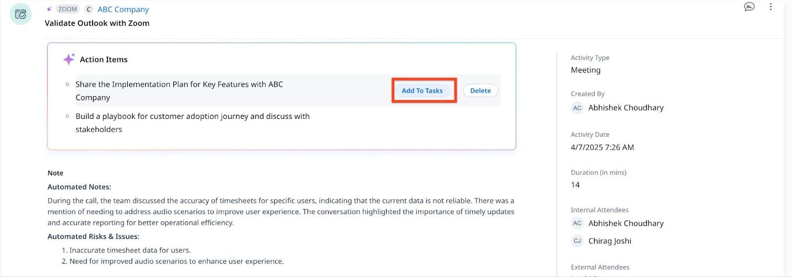 Add to task option to add a task from action item