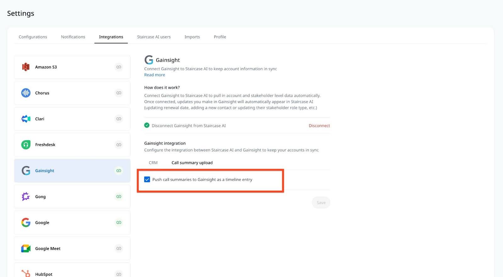 Push call summaries to Gainsight as a timeline entry checkbox