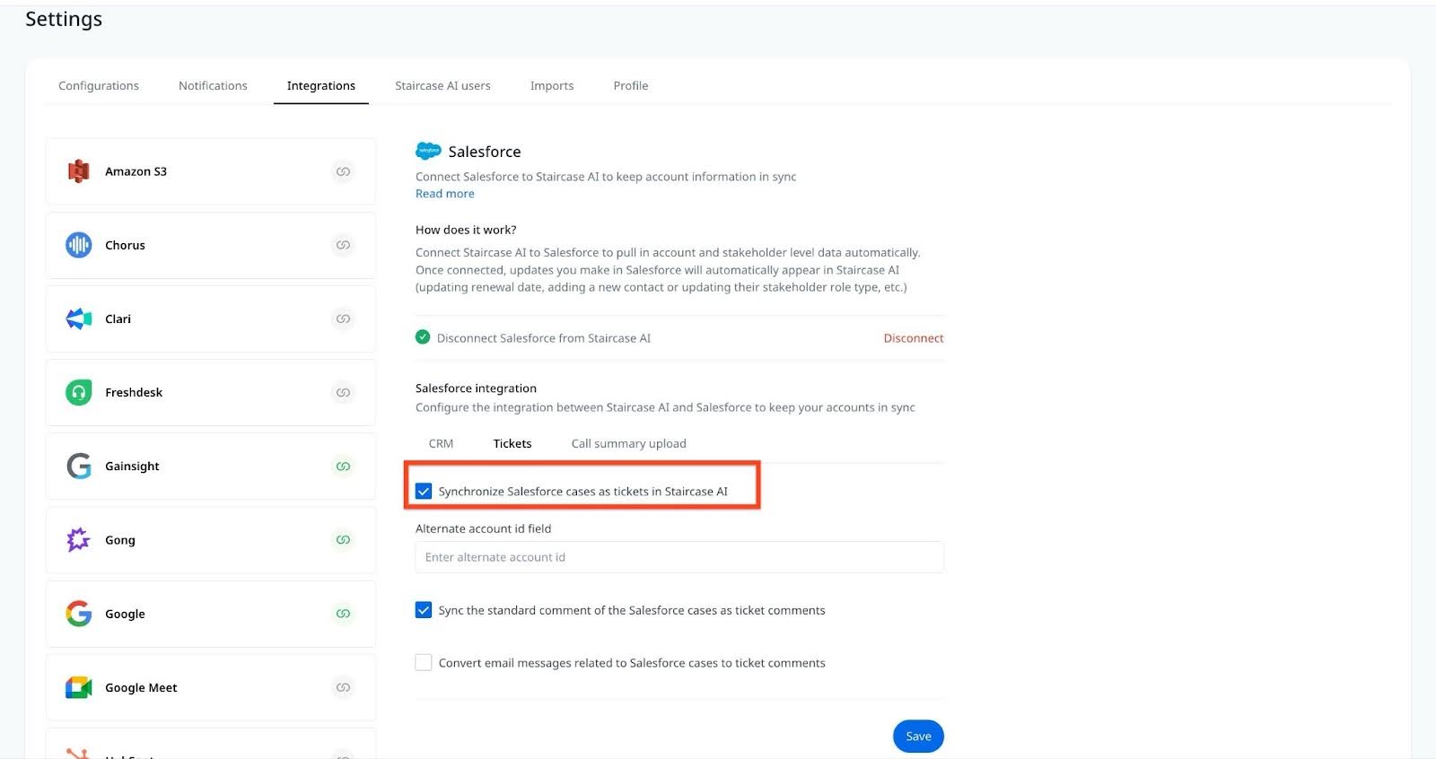 Synchronize Salesforce cases as tickets in Staircase AI checkbox under Tickets tab in Salesforce.