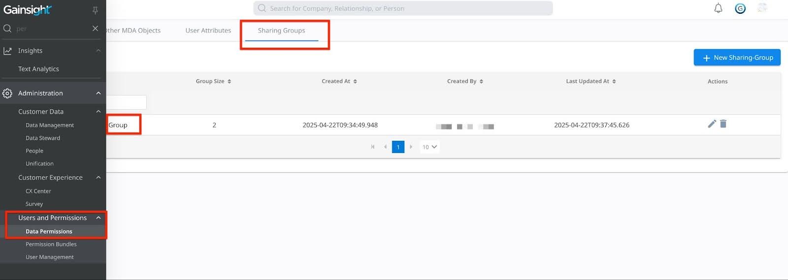 "Sharing Groups" tab under the "Users and Permissions" section in the navigation menu
