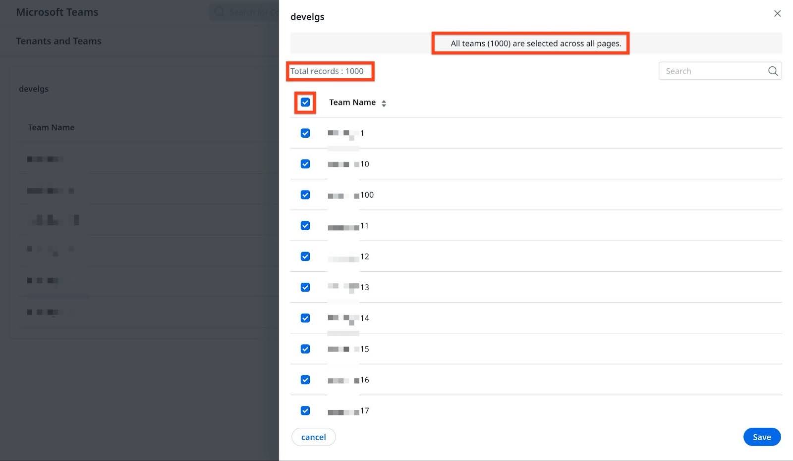 Total number of teams across all pages and select all option in slide-out panel