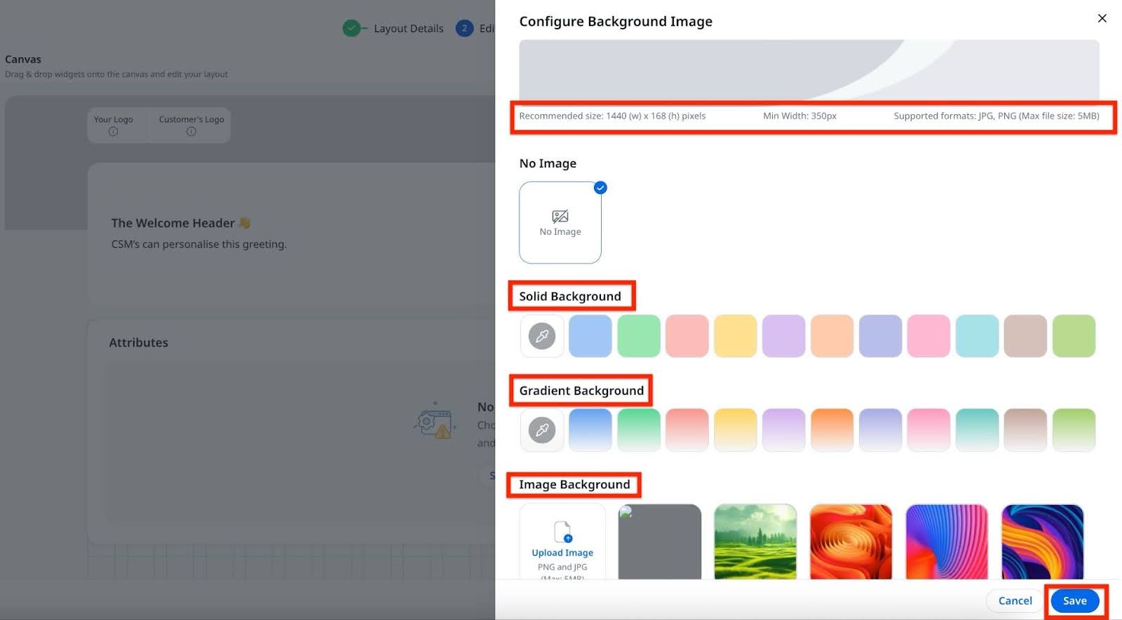 Configure background with solid, gradient, or image options; recommended size 1440×168 pixels, JPG/PNG formats