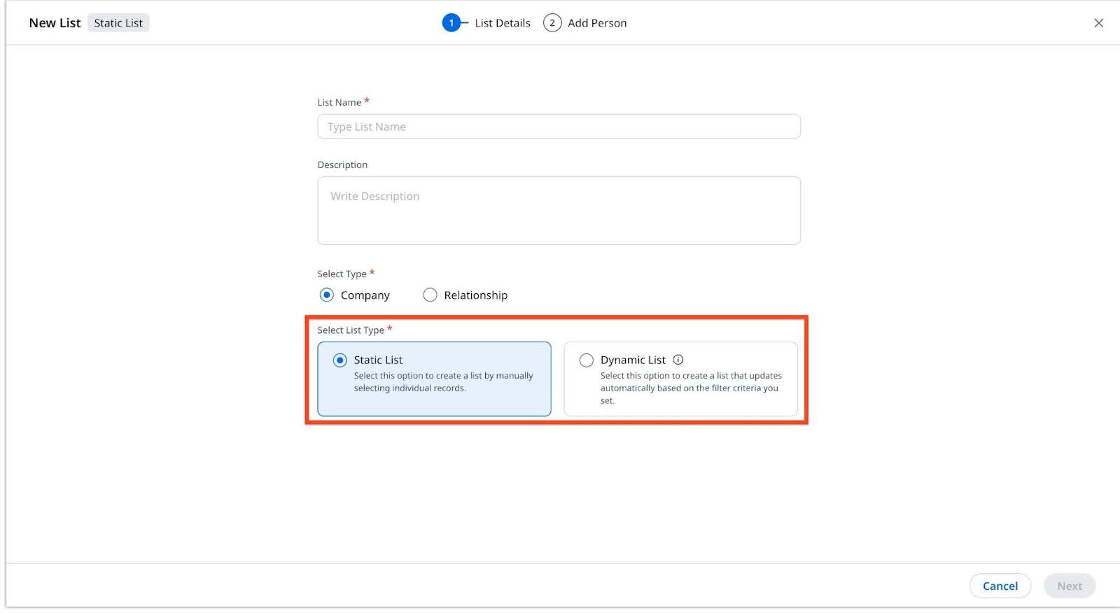 List type option as Static List or Dynamic List.