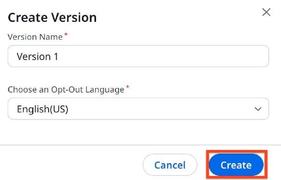 Create version screen with options.