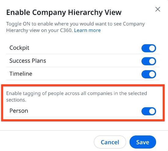 Person toggle for cross company people tagging.