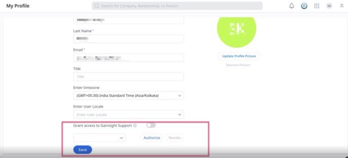 Profile page with toggle to grant Gainsight Support access and buttons to authorize or revoke access before saving changes