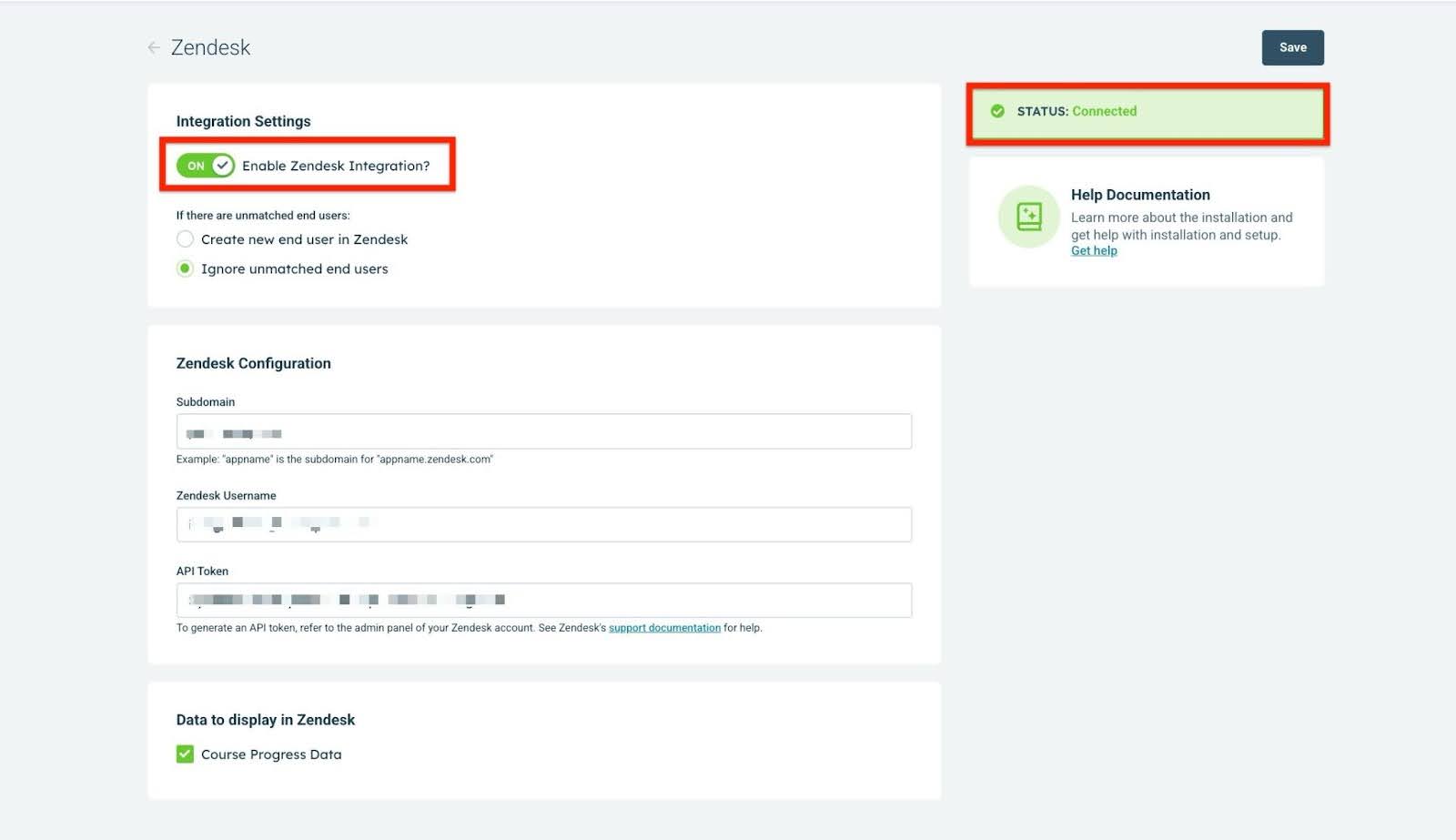 Integration dashboard showing Zendesk as active with description highlighting course progress visibility for Zendesk users