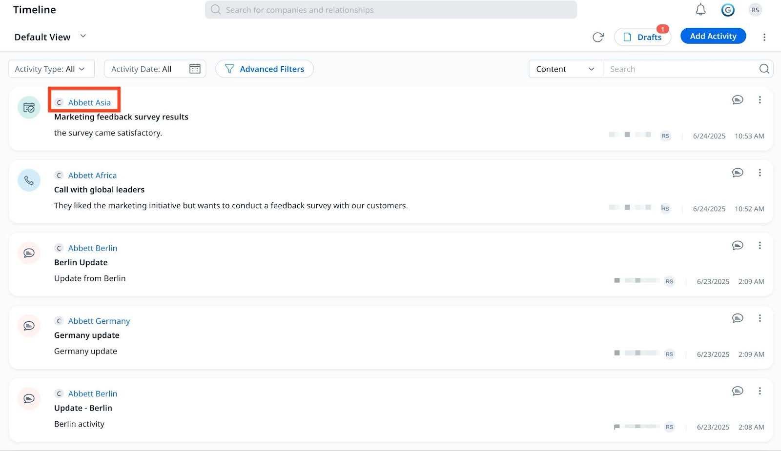 Timeline page with activities logged.