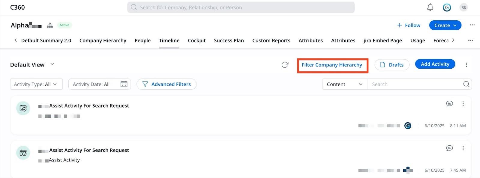Option to filter Timeline entries by company hierarchy in the C360 layout, enabling focused view based on organizational structure