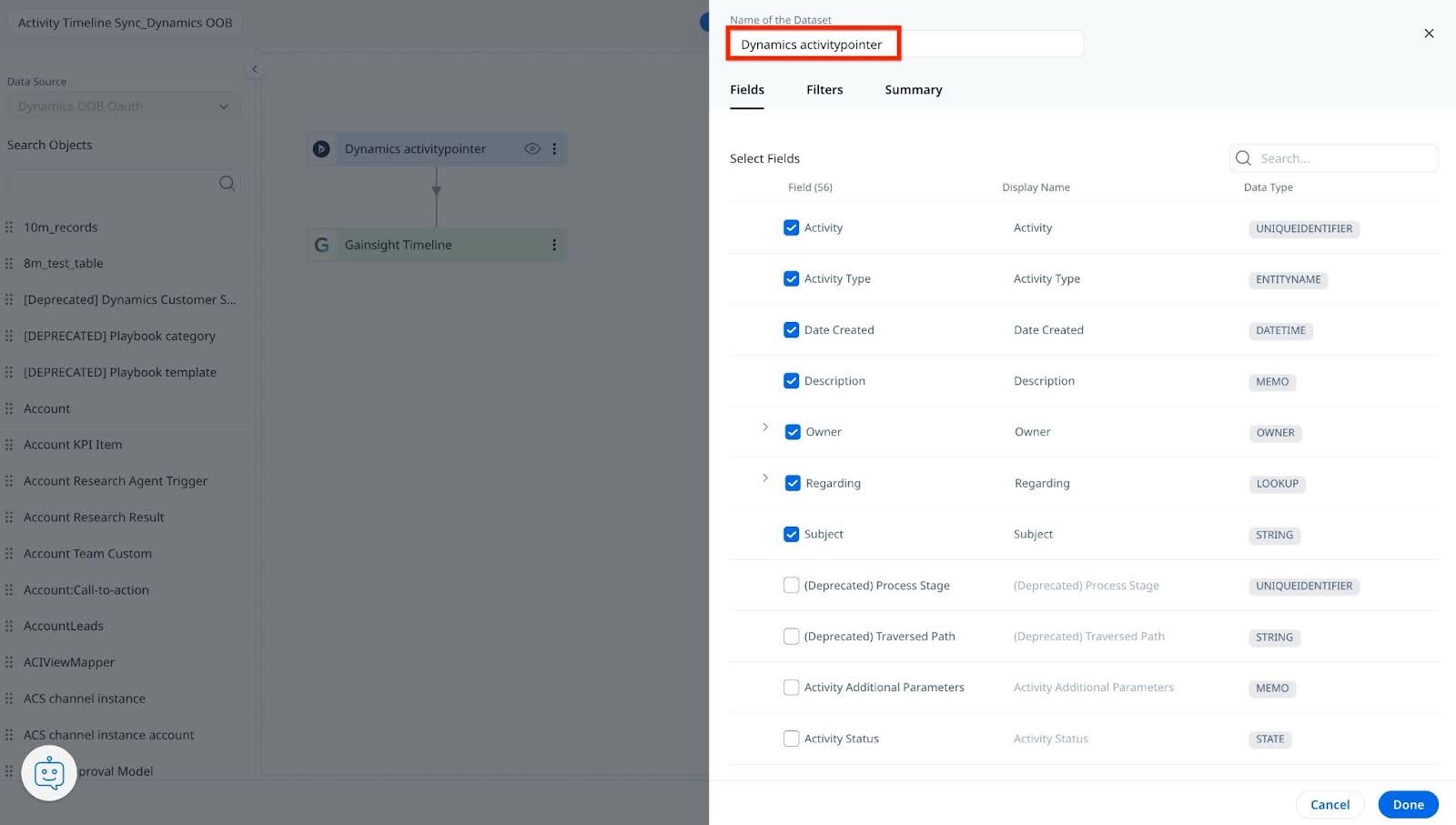Dataset Dynamics activitypointer lists selected fields: Activity, Activity Type, Date Created, Description