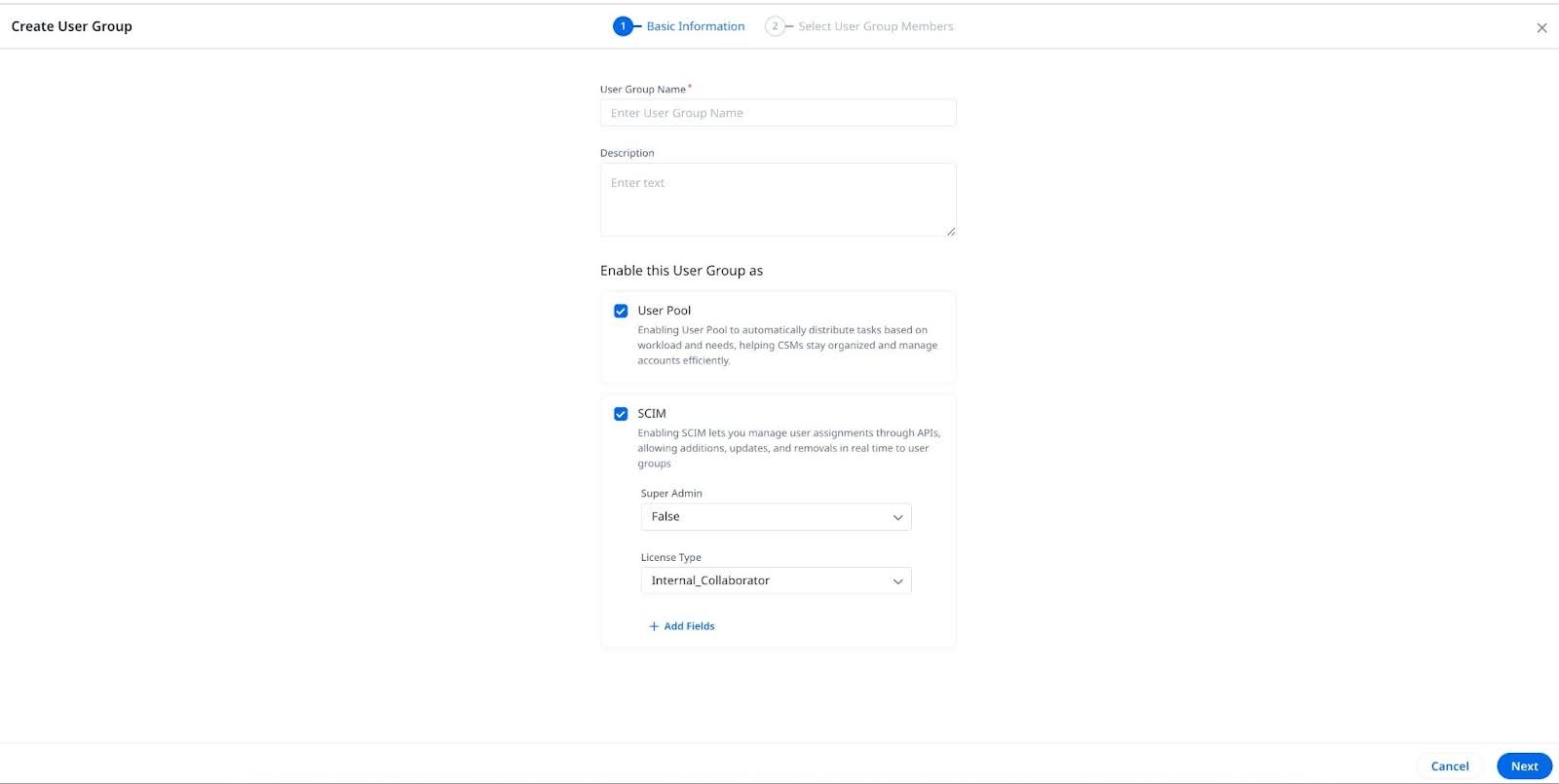Create User Group basic info form with inputs for group name and description, plus toggles for User Pool and SCIM with role and license selectors.