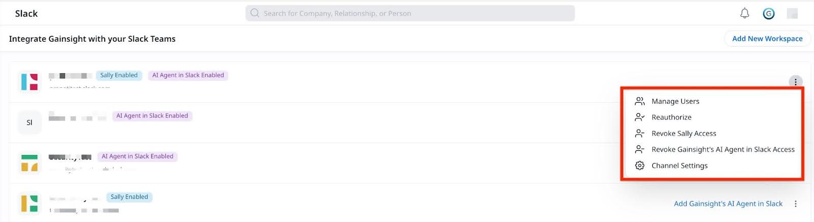Slack workspace list with Gainsight integrations; overflow menu shows options to manage users