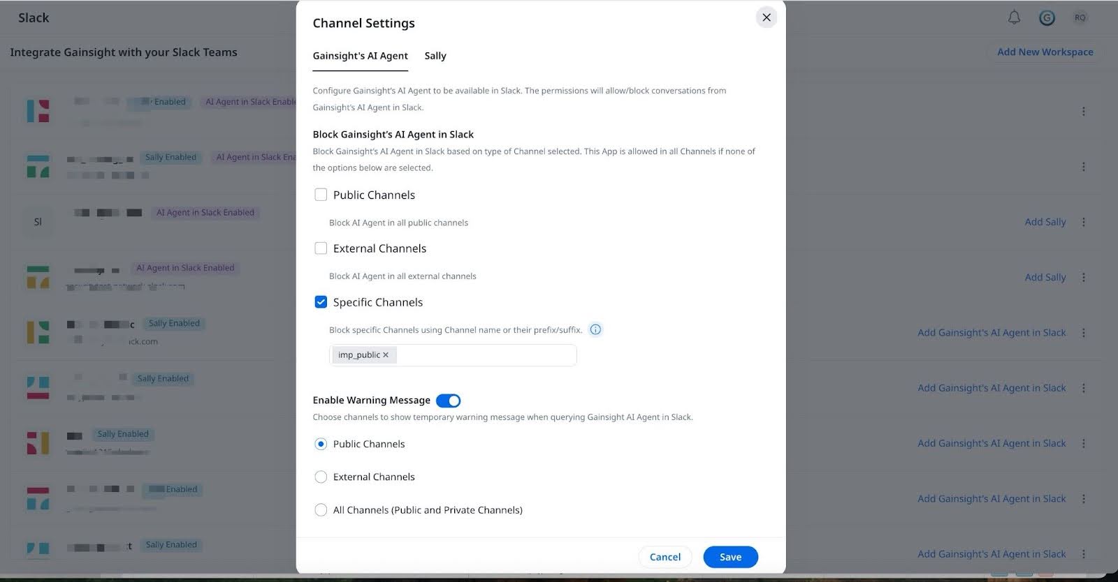 Channel Settings modal for Gainsight’s AI Agent in Slack, with options to block by channel type and enable warning message