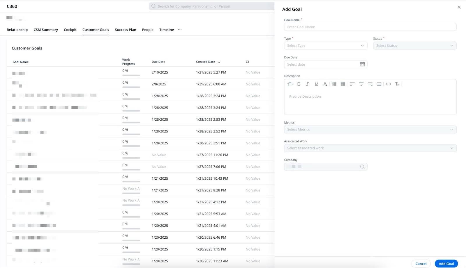 C360 Customer Goals screen with the "Add Goal" form open, allowing users to define goal name, type, status, and related details