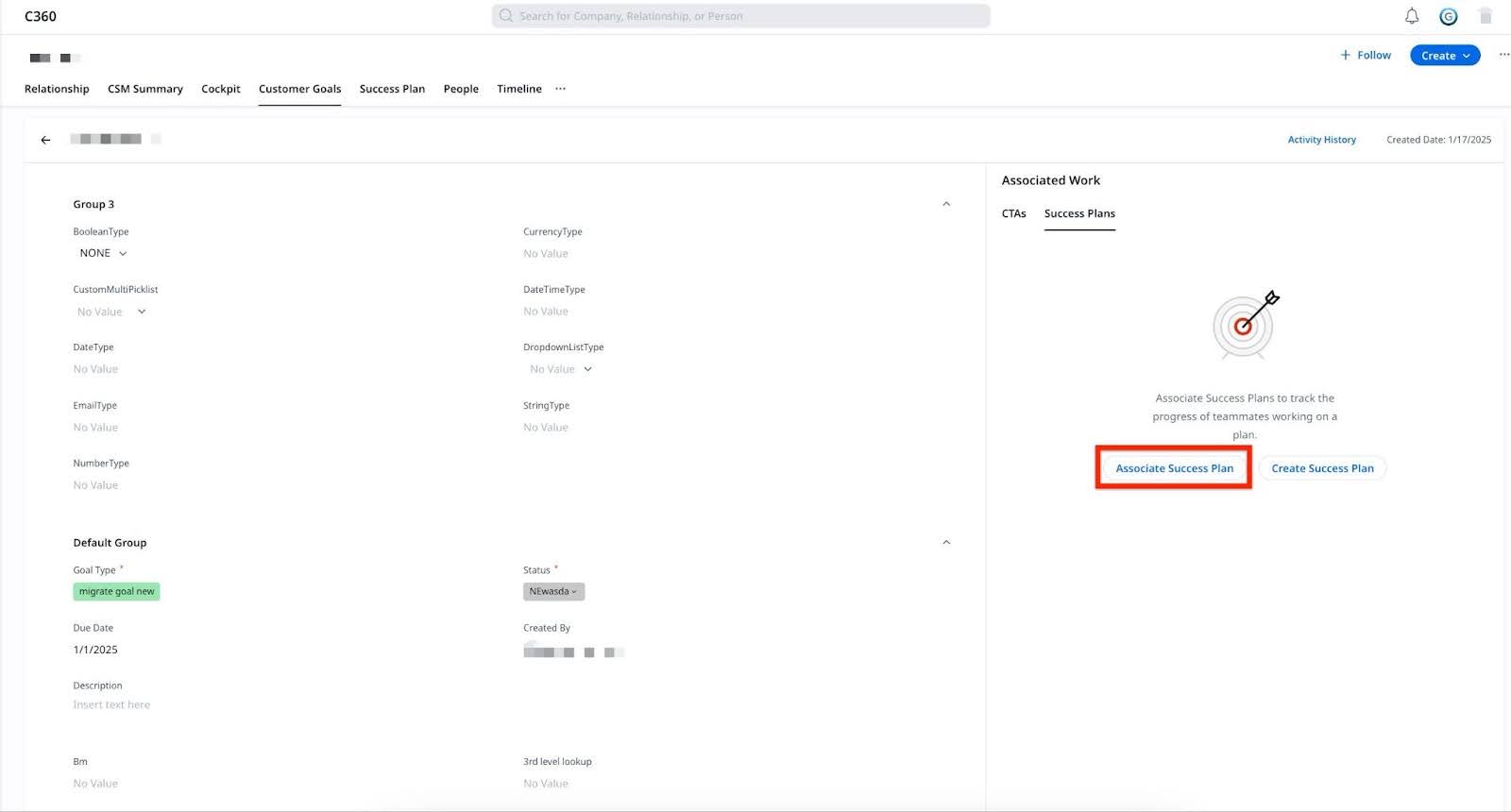 C360 goal detail view showing the Success Plans tab under Associated Work with the “Associate Success Plan” button highlighted