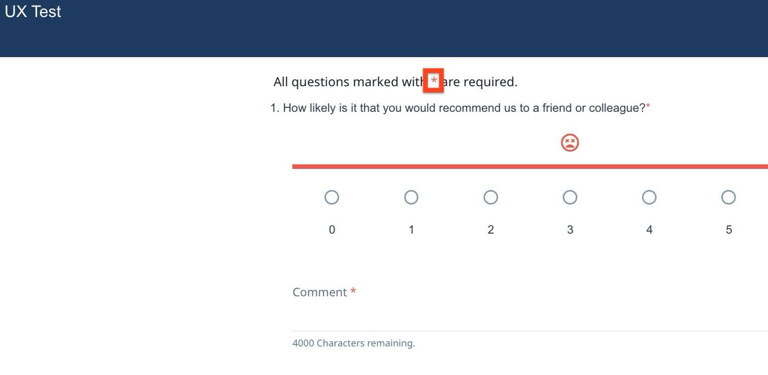 Survey response page displaying asterisk (*) symbol.