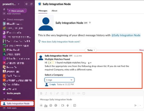 Sally posts a response in the direct message after the user selects the DM option.