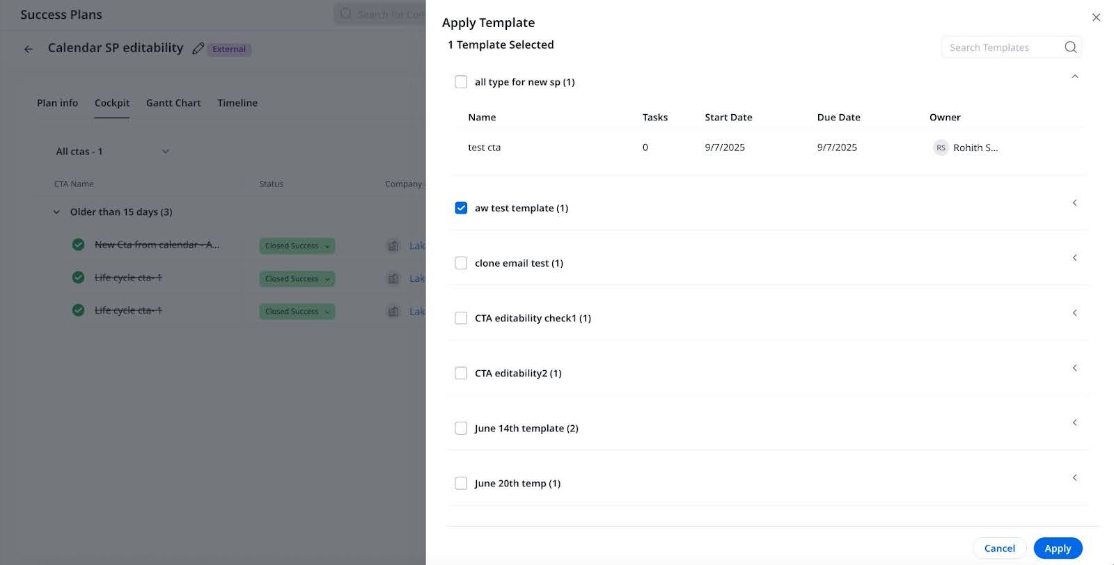 Apply Template modal showing a list of CTA templates with start and due dates; one template is selected and ready to apply