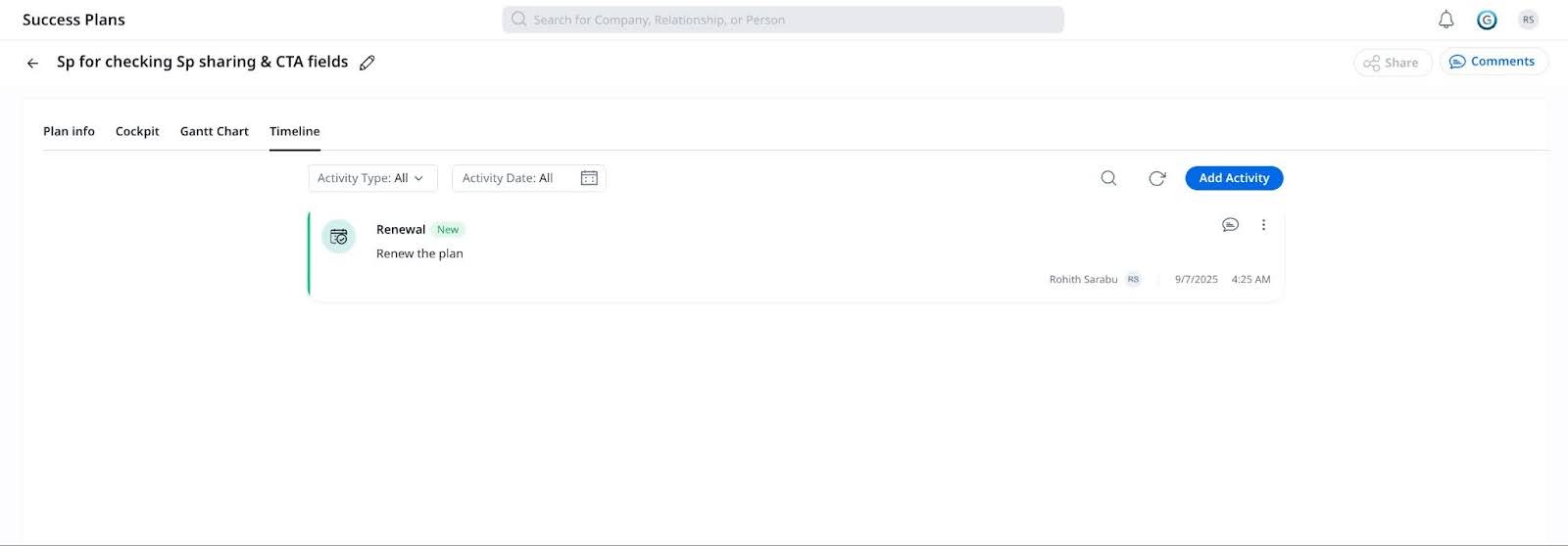 Timeline tab of a Success Plan showing a new Renewal activity entry with filters for activity type and date, and option to add activity