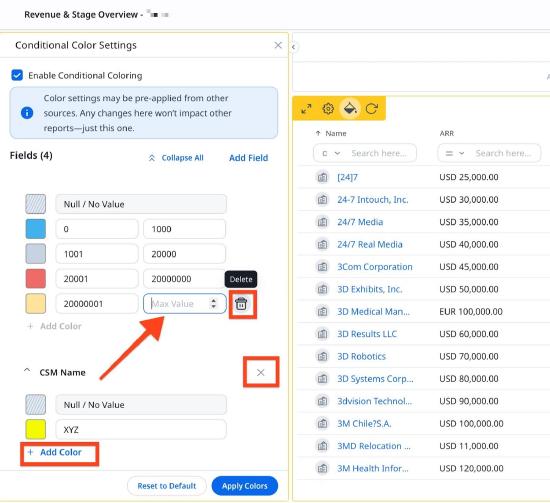 Different options like delete, remove field, and range value for field available in conditional coloring setting.