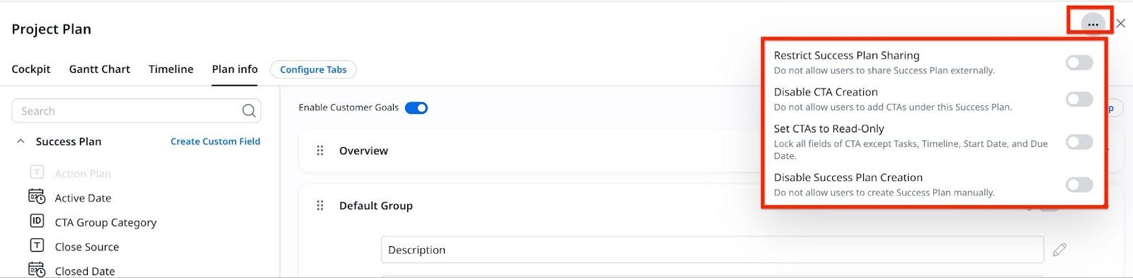 Project Plan settings menu expanded to show toggles for restricting sharing, disabling CTA or plan creation, and setting CTAs to read-only