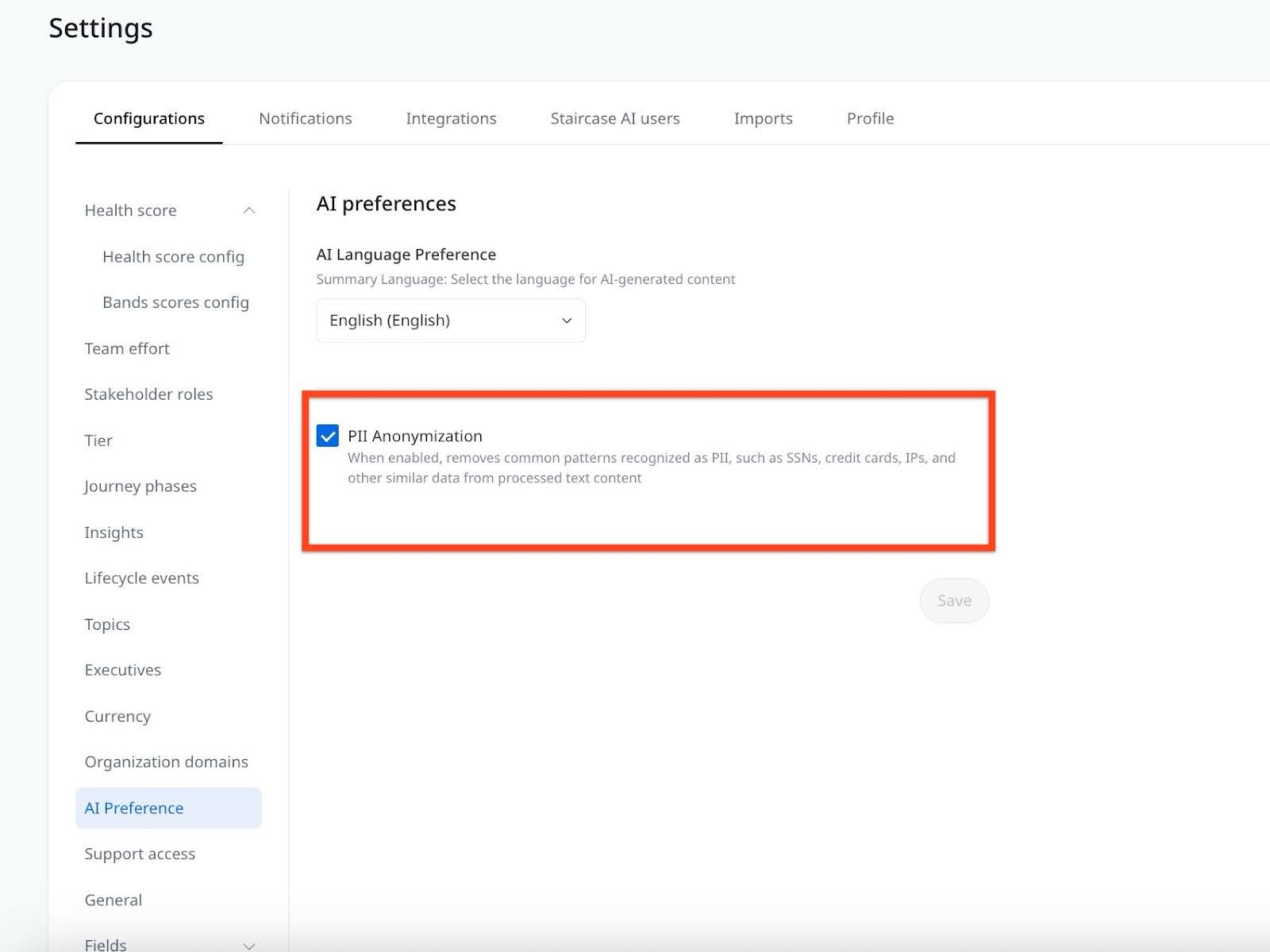 PII Anonymization checkbox in AI Preference page.