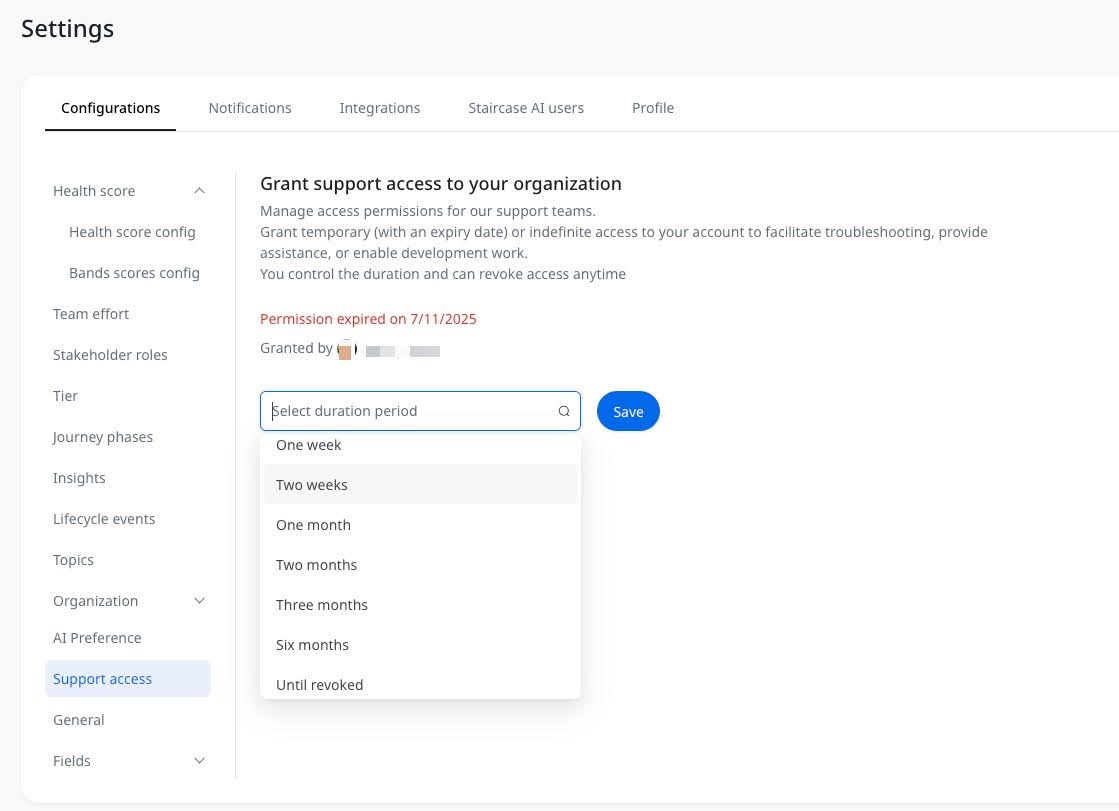 Grant support access to your organization page with duration dropdown.