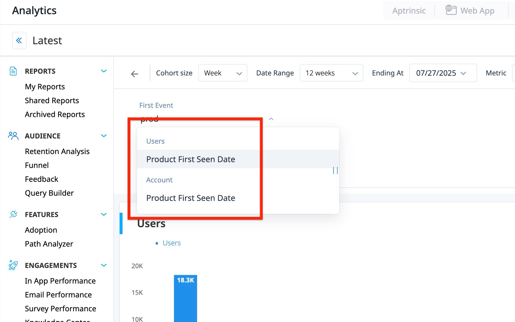 Analytics dashboard with cohort configuration and dropdown menu showing 'Product First Seen Date' filter for both user and account levels.