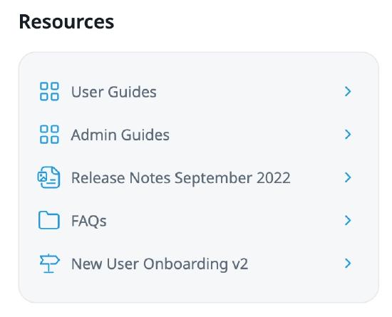 Resources section using list layout with vertically stacked navigation links for User Guides, Admin Guides, FAQs, and onboarding resources."