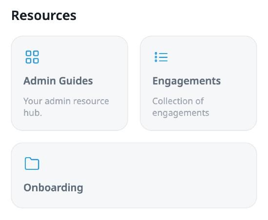 Bot widget using grid layout under the 'Resources' section, displaying visual tiles for Admin Guides, Engagements, and Onboarding