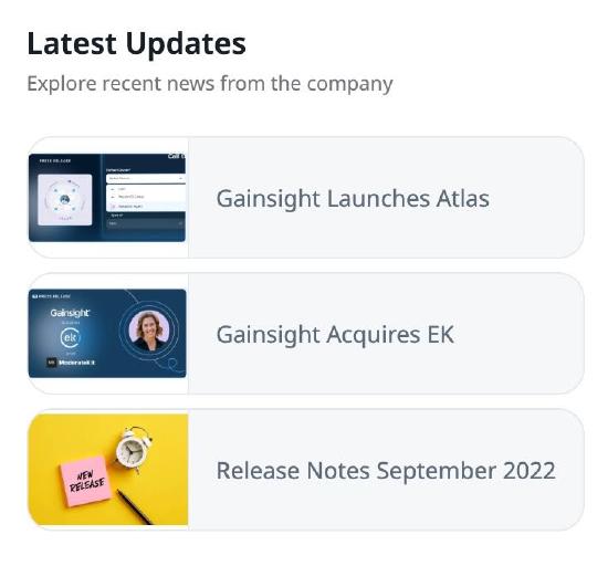 Latest Updates section using card layout, featuring clickable visual cards for Gainsight launches, acquisitions, and September 2022 release notes.