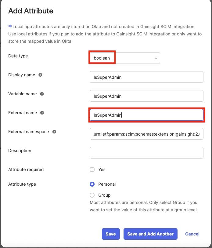 Add Attribute form showing configuration fields for the IsSuperAdmin attribute, including data type Boolean, display name, variable name, and external name.