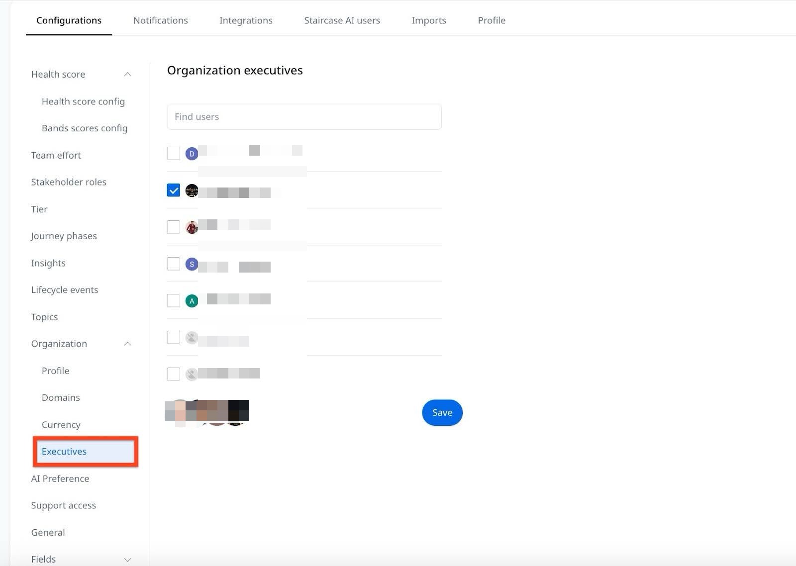 Users available in organization executives dropdown.