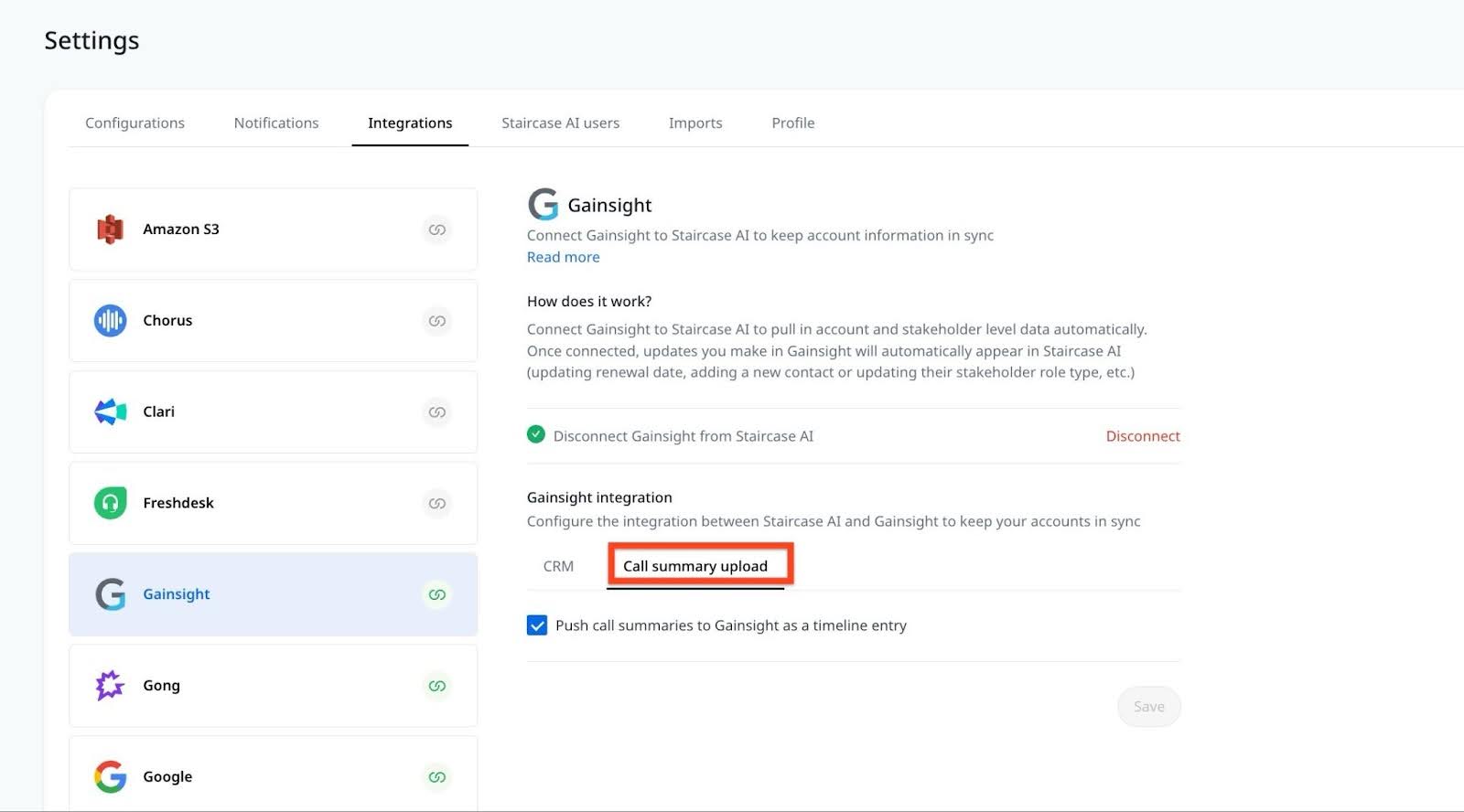 Call summary upload checkbox to log all call summaries in the Timeline automatically.