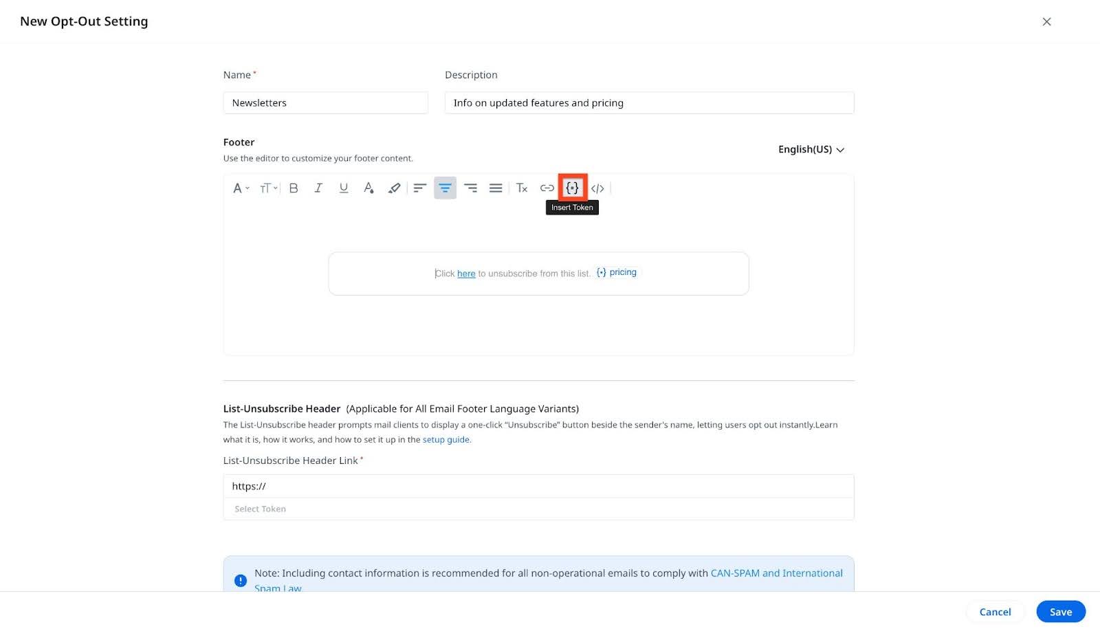 Insert Token to add a token in the footer.