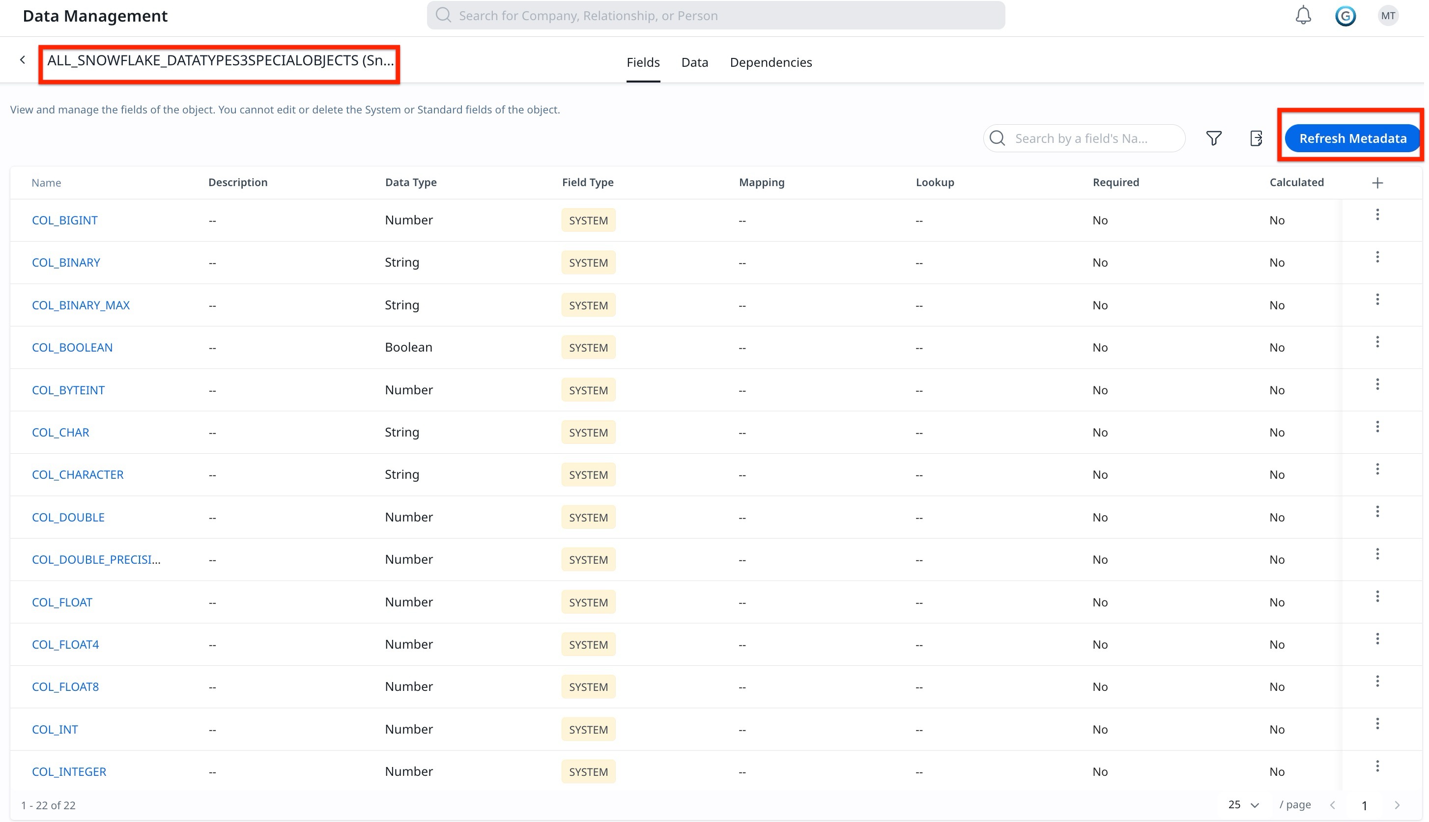 Refresh Metadata in Data Management
