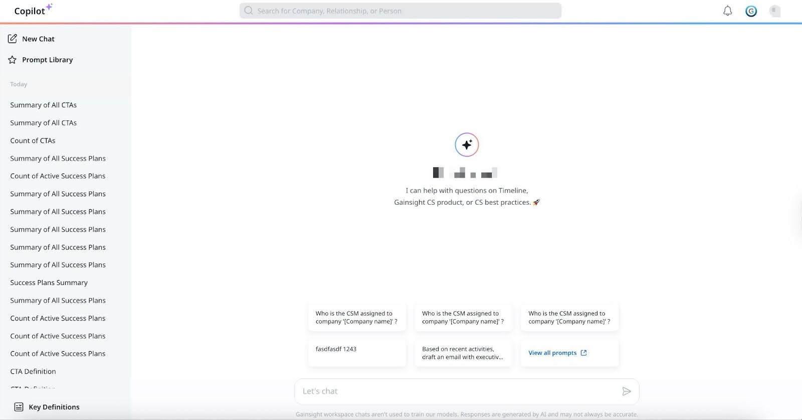 Gainsight Copilot page with sidebar menu, new chat option, recent queries, and chat input box