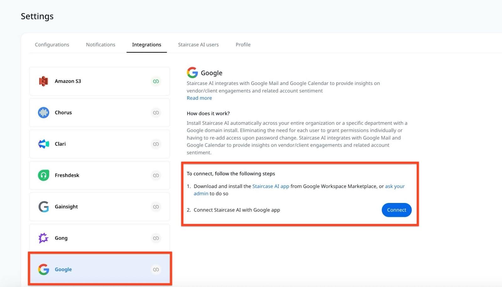 Settings > Integrations with the Google card.