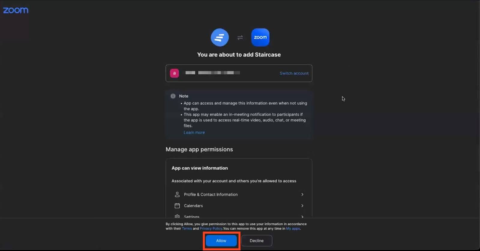Allow option to grant Staircase access to your Zoom account
