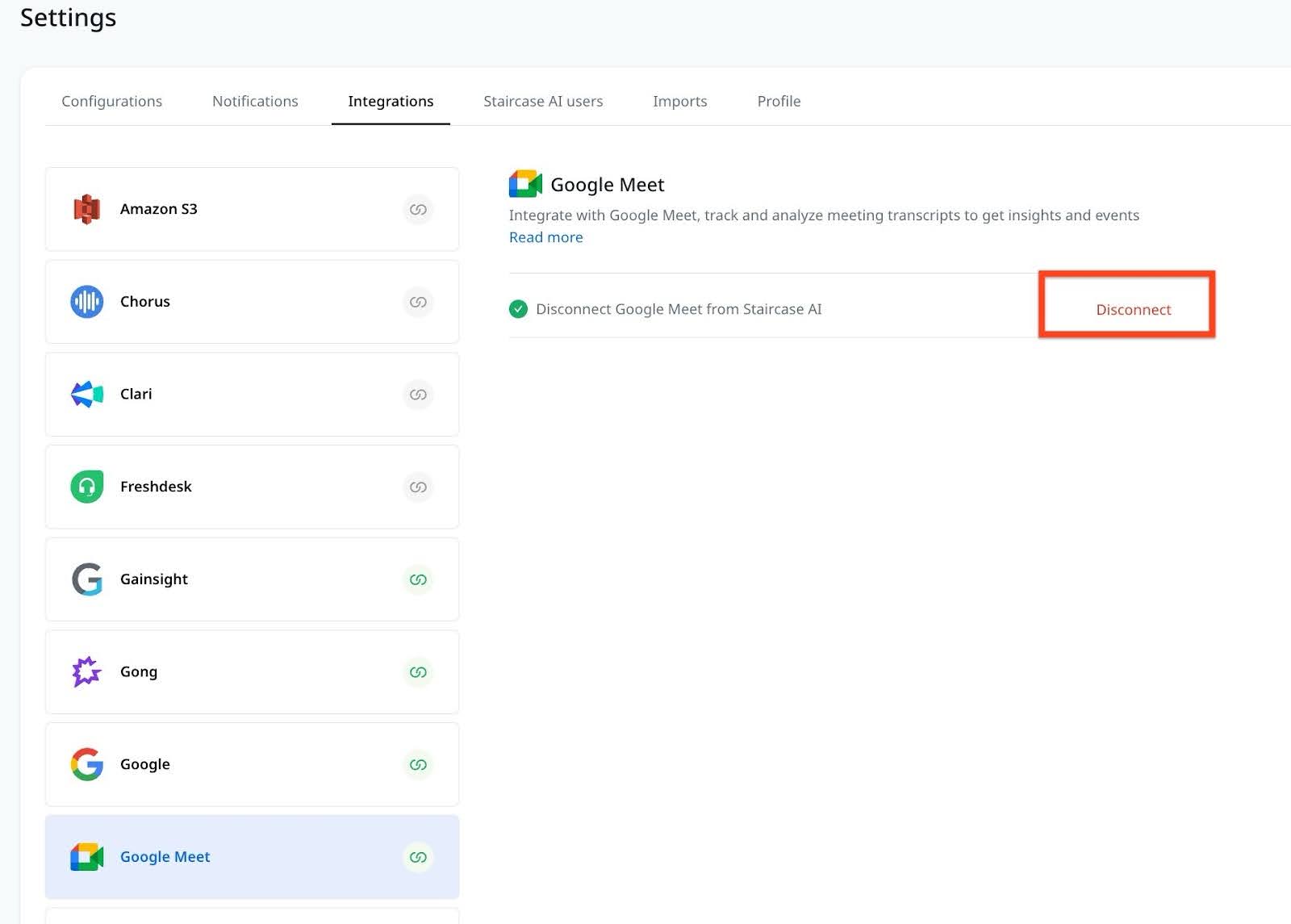 Disconnect option in Google Meet card.