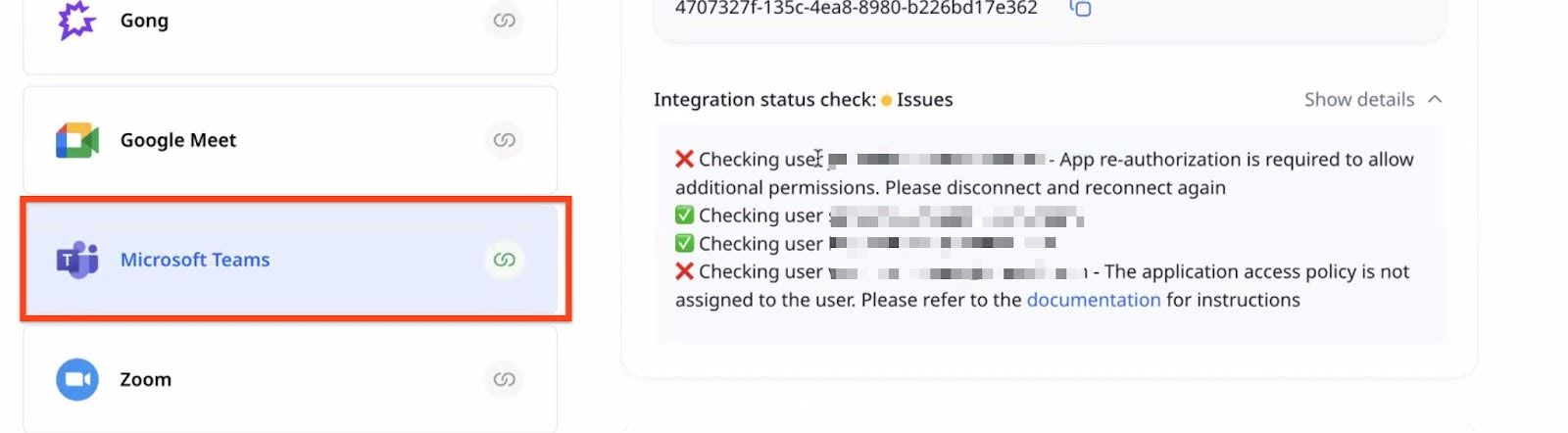 Microsoft teams card with list of error details.