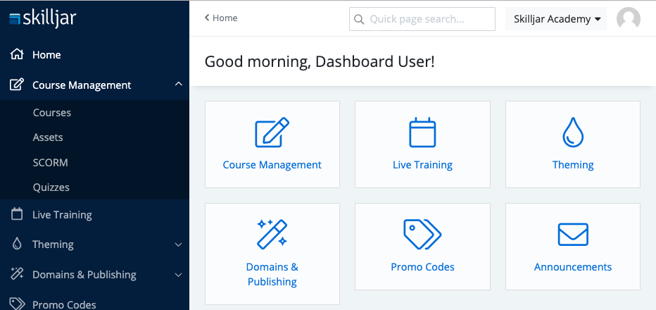 Screenshot showing Skilljar admin dashboard