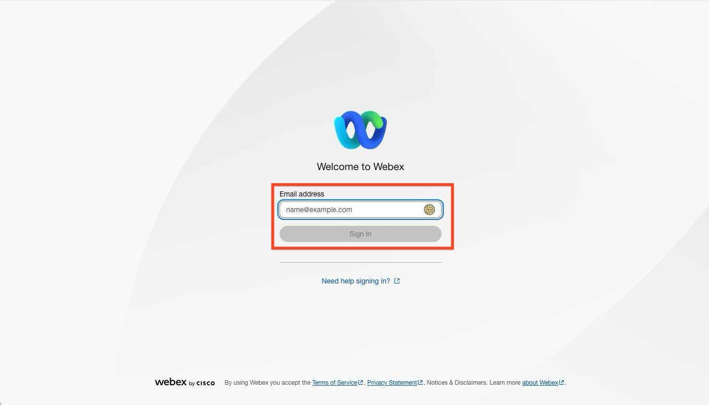 Sign in page with your Webex admin credentials.