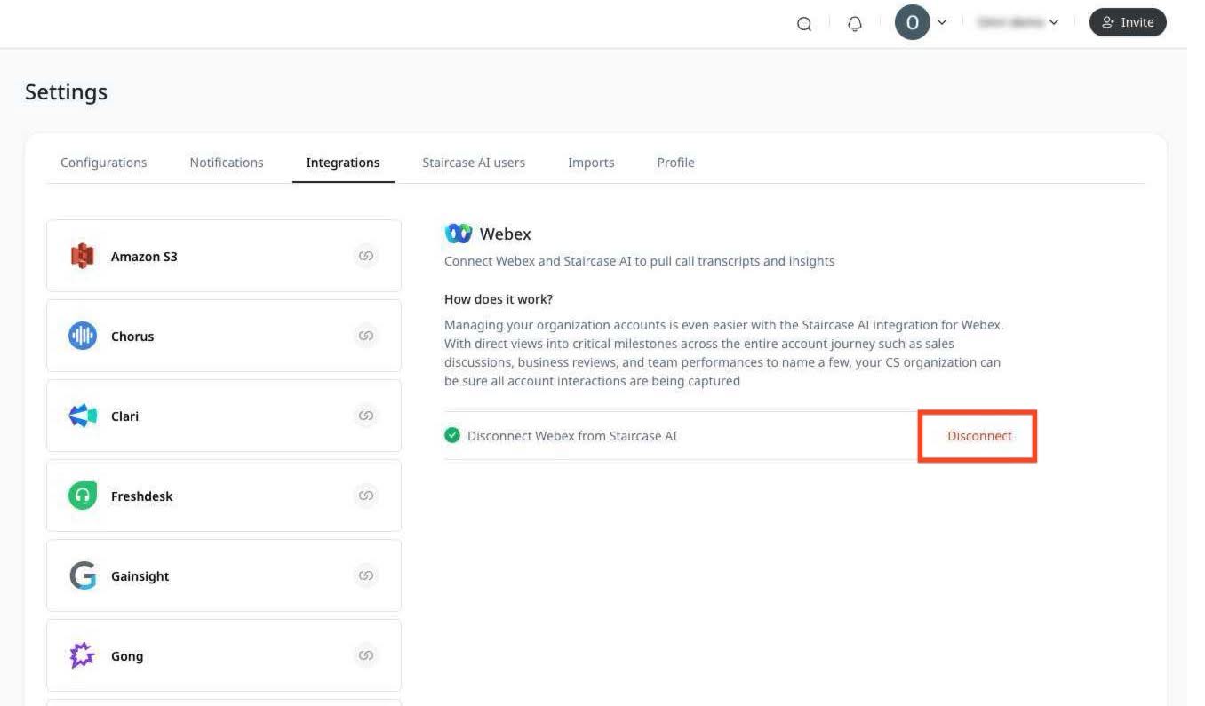 Disconnect option in webex card of Integrations