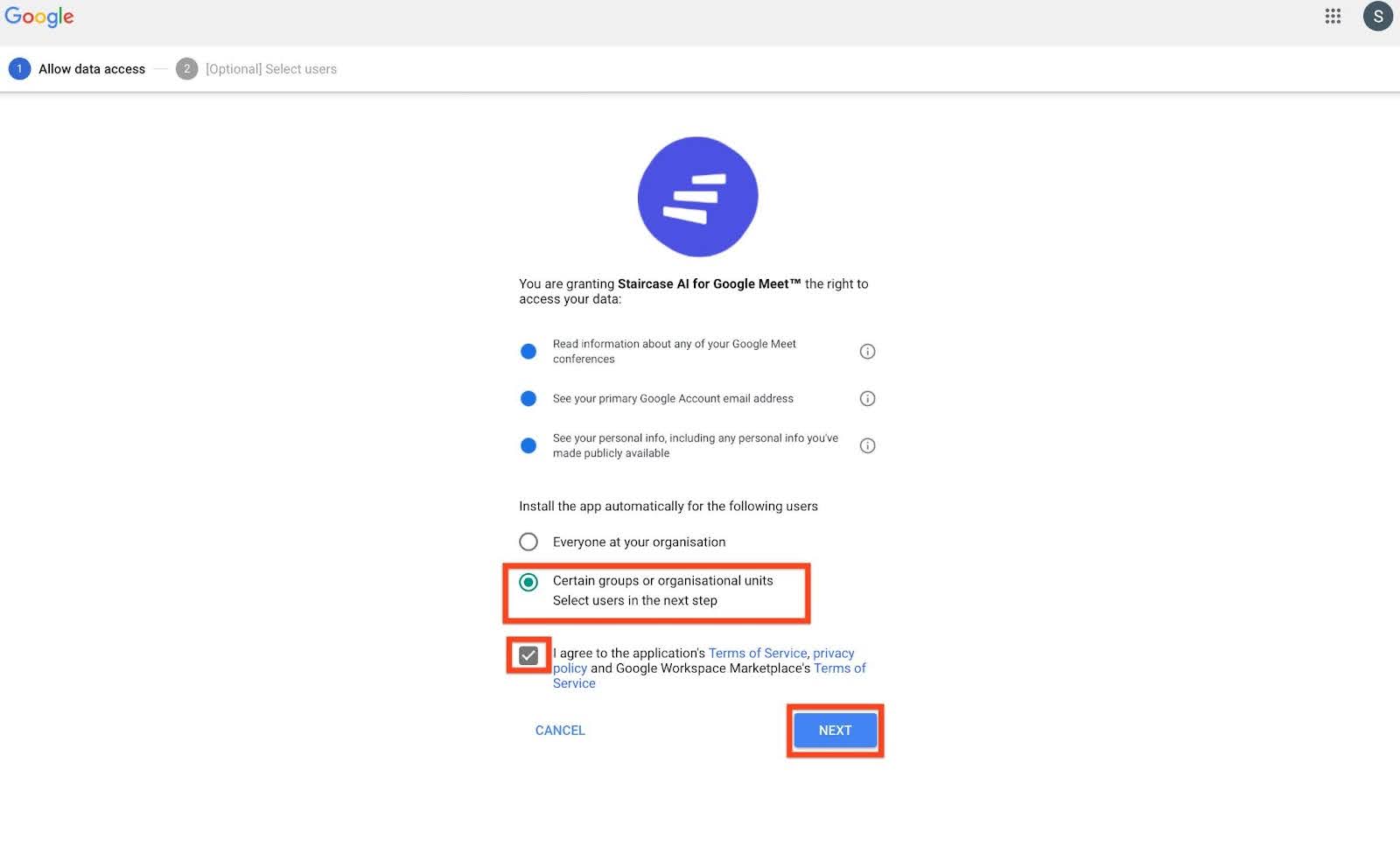 Staircase AI for Google Meet requests for the following access permissions.