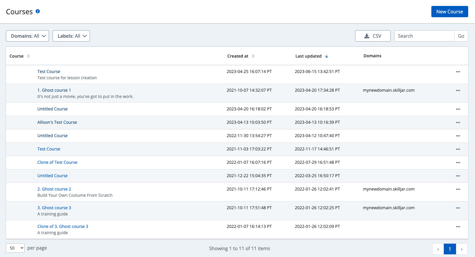 Screenshot showing The Course Management Page