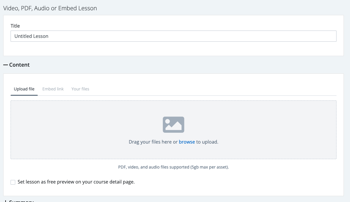 Screenshot showing Uploading your video, PDF or audio file