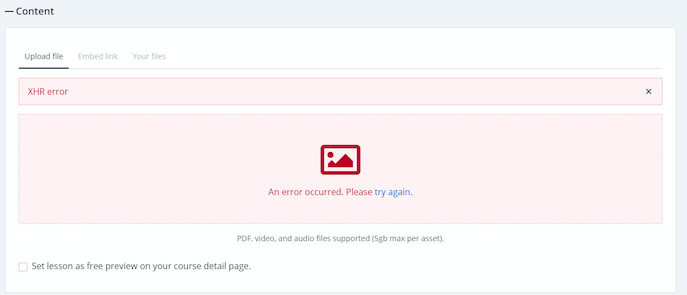 Screenshot showing XHR Error: