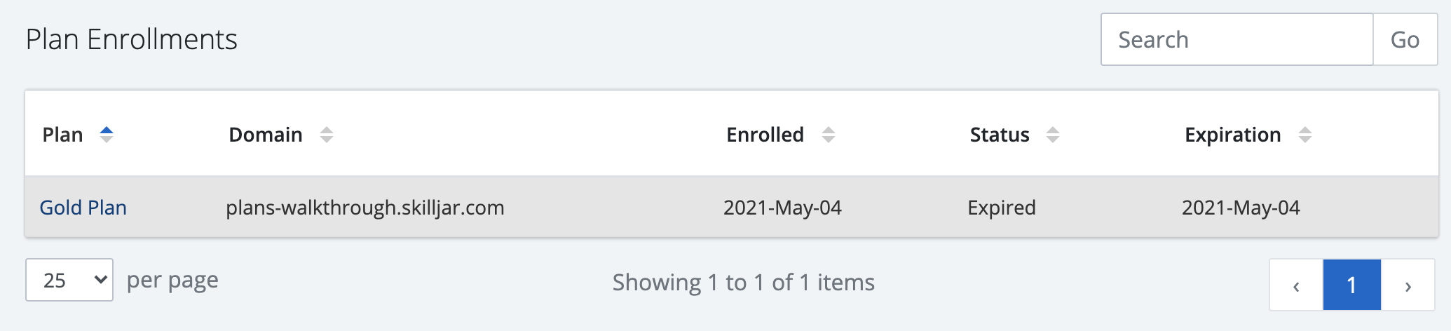 Note: Plan status is set to Expired, Enrollment Status is set to False and the Expired date is set at the Plan level.